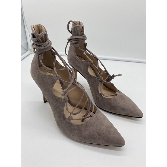 Vince Camuto Womens Barsha Suede Lace Up Zip Heels Gray/Brown Size 6.5 - Picture 2 of 7